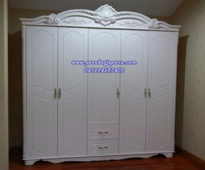Lemari Baju 5 Pintu Ukiran Klasik Putih